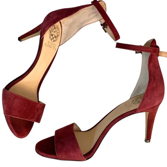 VINCE CAMUTO Court Suede Open Toe Ankle Strap Heels Chianti - Picture 6 of 11